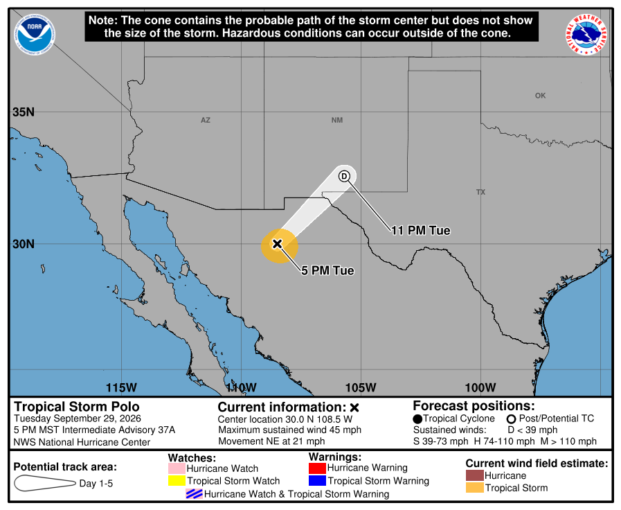 What's left of Polo is heading into New Mexico and Texas where extreme flooding is possible. Image: NHC