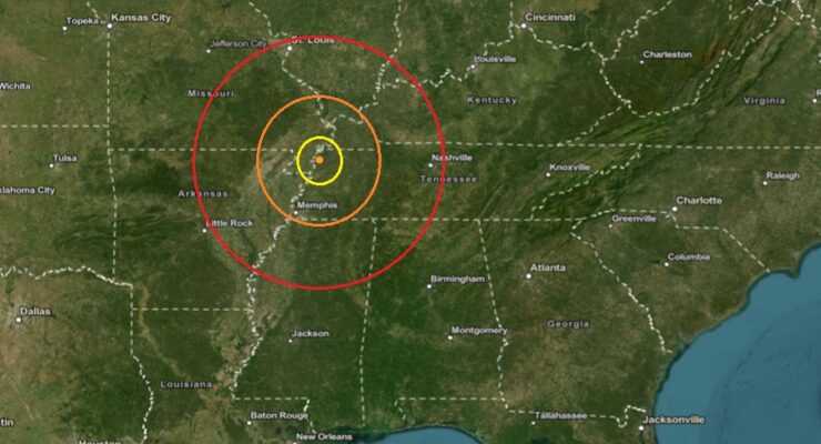 The earthquake struck at the orange dot inside the colored concentric circles on the map. Image: USGS