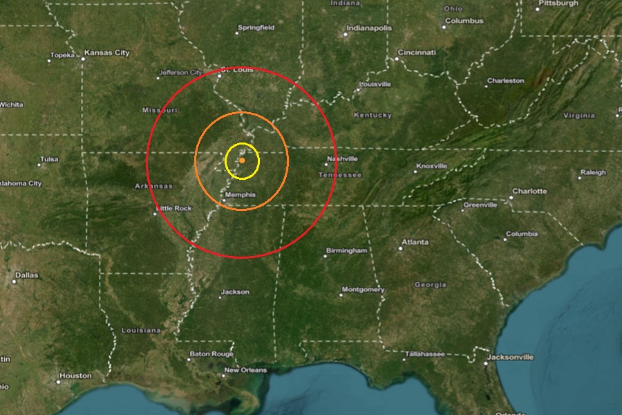The earthquake struck at the orange dot inside the colored concentric circles on the map. Image: USGS