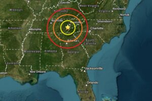 The earthquakes struck at the star inside the colored concentric circles on the map. Image: USGS