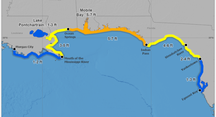 Storm Surge Watches are in effect for portions of the coast where a 5-7 foot storm surge is possible. Image: NHC