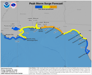 A storm surge up to 9' is possible along a portion of the Gulf of America coastline. Image: NHC