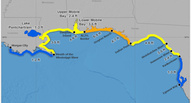 A storm surge up to 9' is possible along a portion of the Gulf of America coastline. Image: NHC