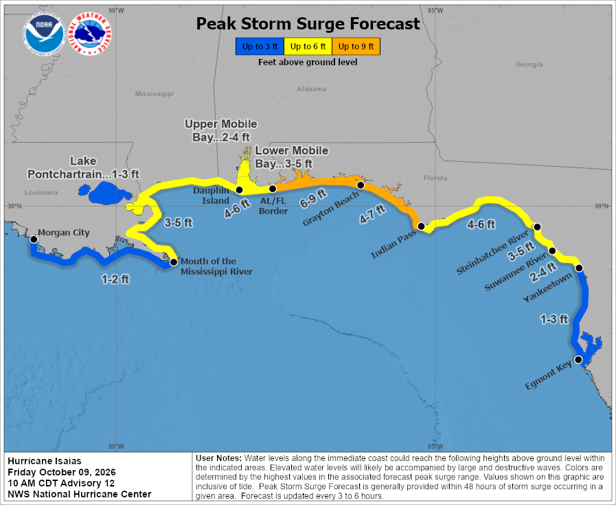 A storm surge up to 9' is possible along a portion of the Gulf of America coastline. Image: NHC