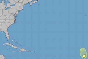 The National Hurricane Center is tracking the shaded yellow area for signs of possible tropical cyclone formation. Image: NHC