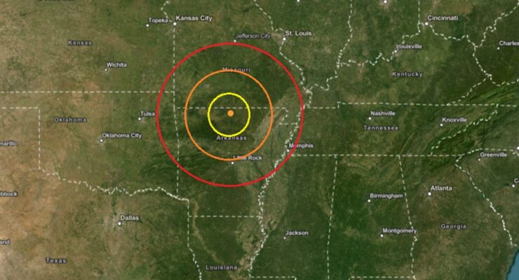 The earthquake struck at the orange dot inside the colored, concentric circles on the map. Image: USGS