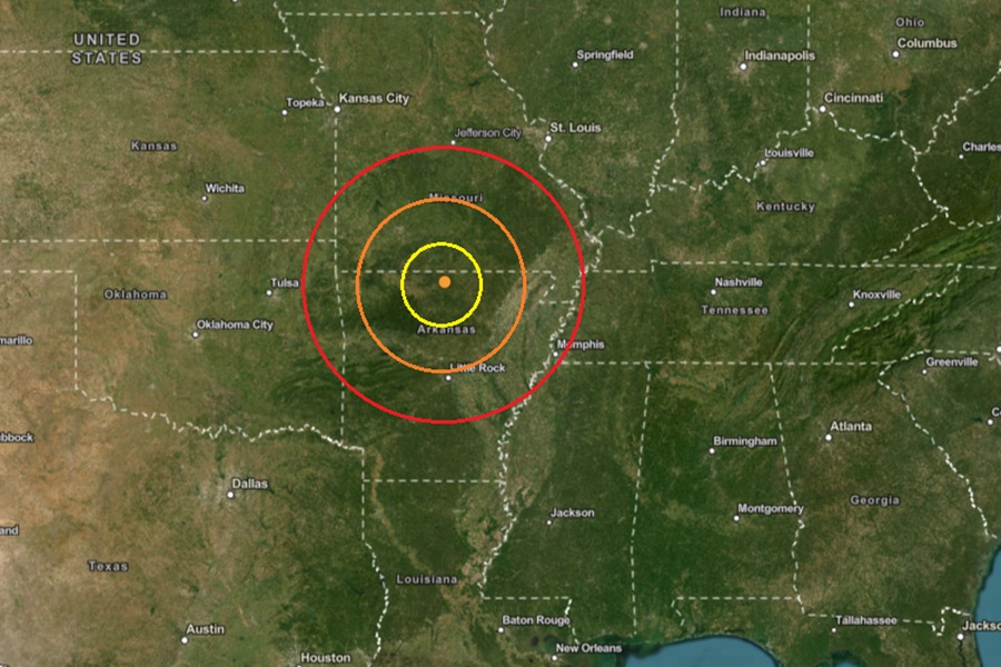 The earthquake struck at the orange dot inside the colored, concentric circles on the map. Image: USGS