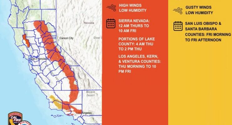 The National Weather Service has issued Red Flag Warnings and Fire Weather Watches for California due to the evolving fire weather threat there. Image: CalFire