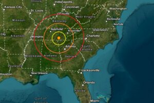 The earthquake struck at the orange dot inside the colored concentric circles on the map. Image: USGS