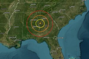 The earthquake struck at the orange dot inside the colored concentric circles on this map. Image: USGS