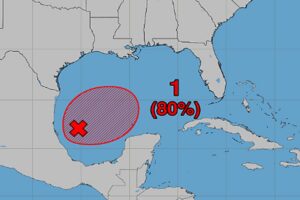 The National Hurricane Center is monitoring a disturbance in the Gulf of America that could become the season's next tropical storm. Image: NHC