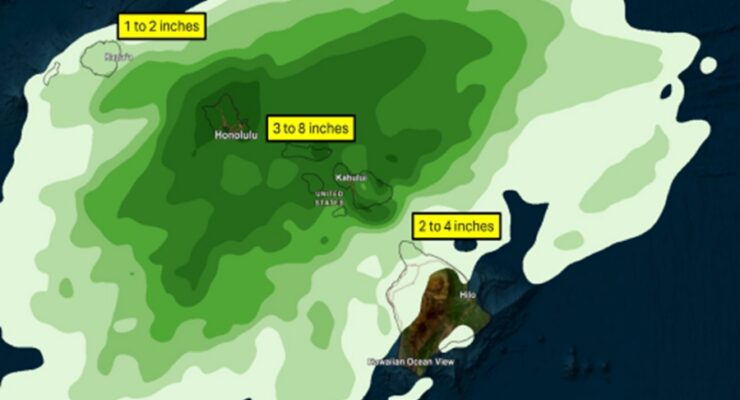 Heavy rain is expected to fall over Hawaii, with the heaviest amounts expected over Oahu and Maui. Image: NWS