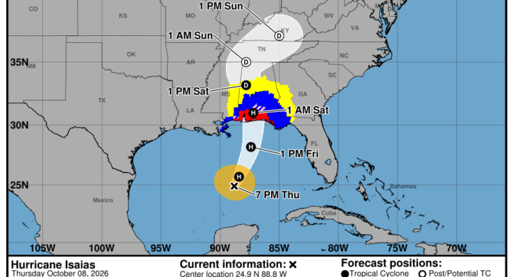 Latest track for Hurricane Isaias from the National Hurricane Center. Image: NHC