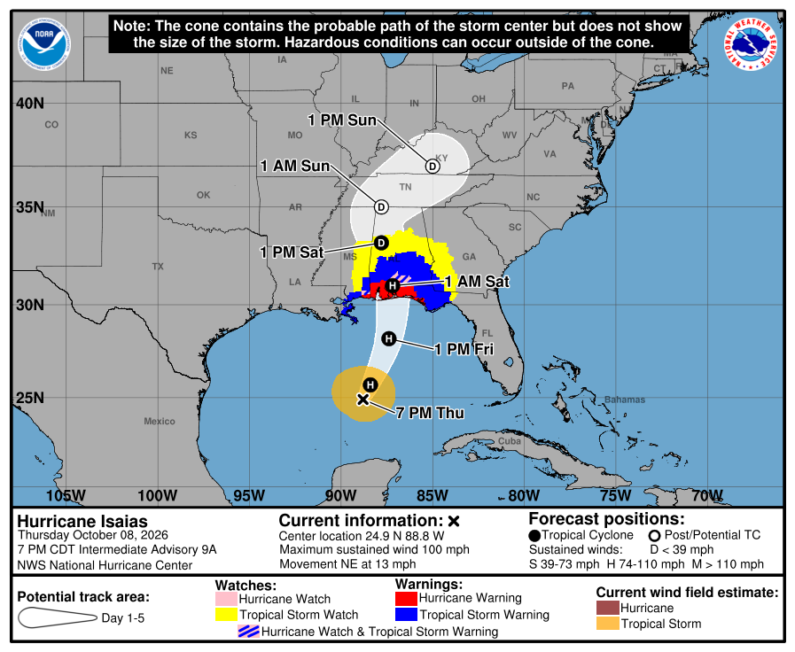 Latest track for Hurricane Isaias from the National Hurricane Center. Image: NHC