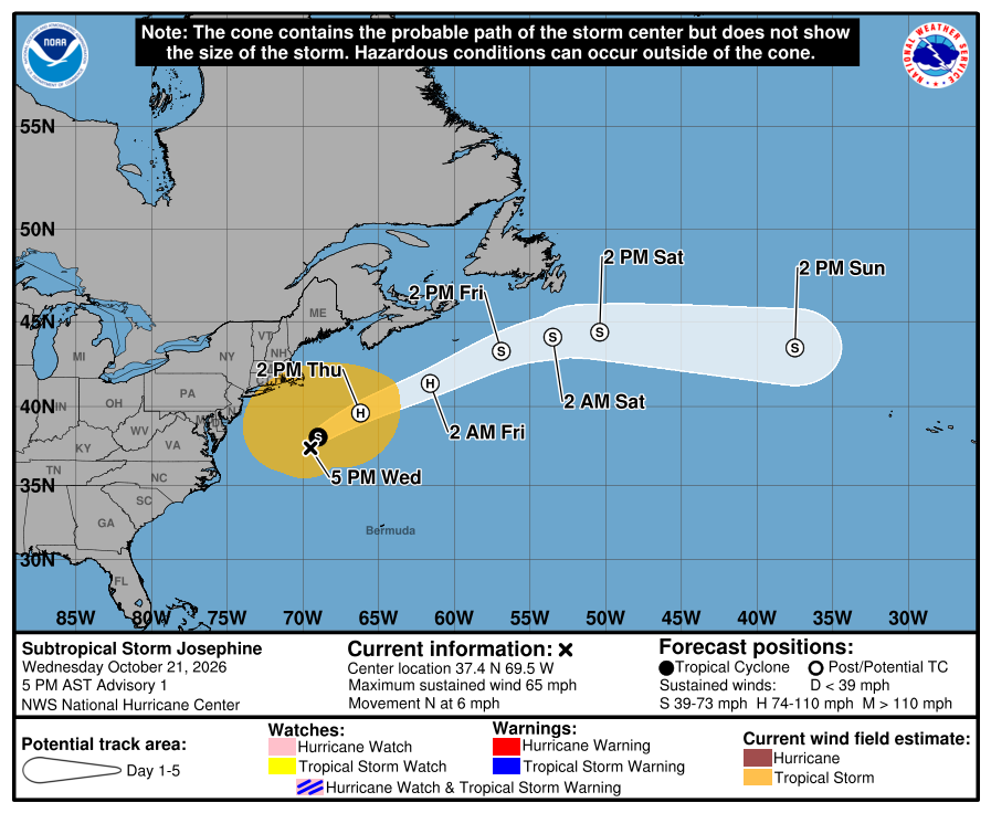Subtropical Storm Josephine forecast track. Image: NHC
