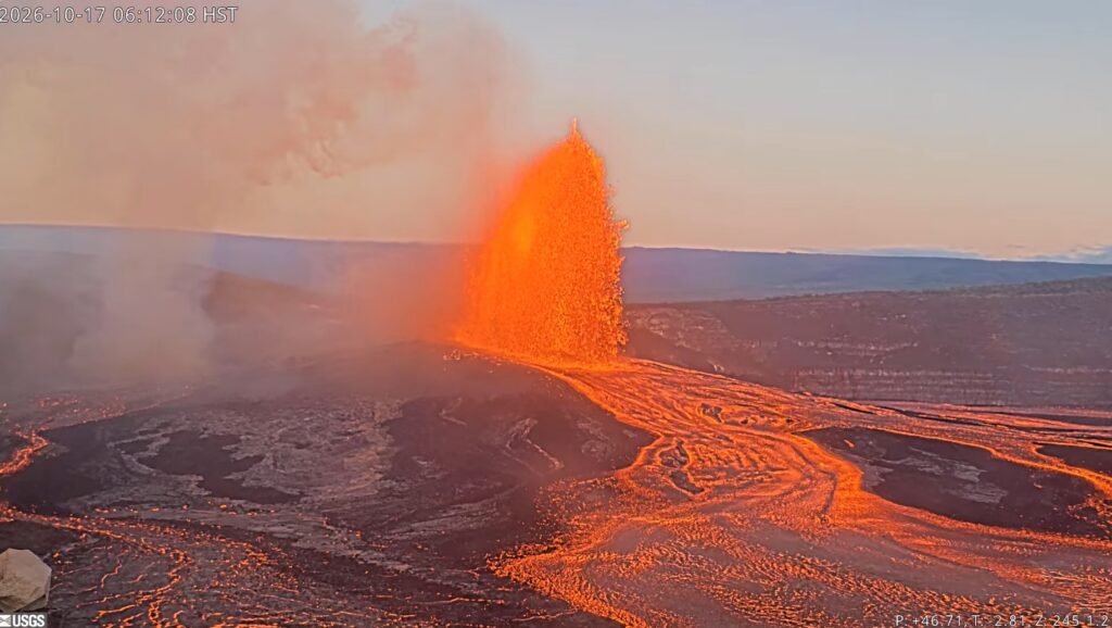 USGS webcams show the current eruption at Kilauea Volcano on the Big Island of Hawaii with a significant fountain of lava shooting molten rock over 700 feet into the air at times. Image: USGS