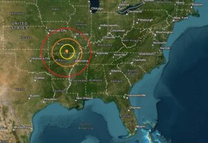 The earthquake struck at the orange dot inside the colored concentric circles on the map. Image: USGS