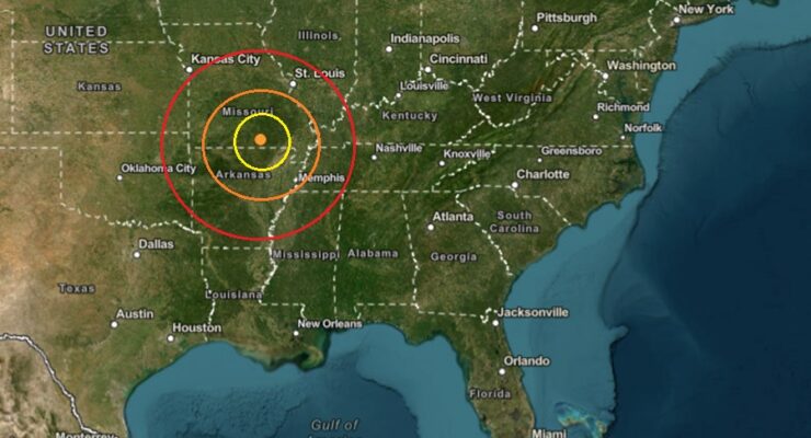The earthquake struck at the orange dot inside the colored concentric circles on the map. Image: USGS