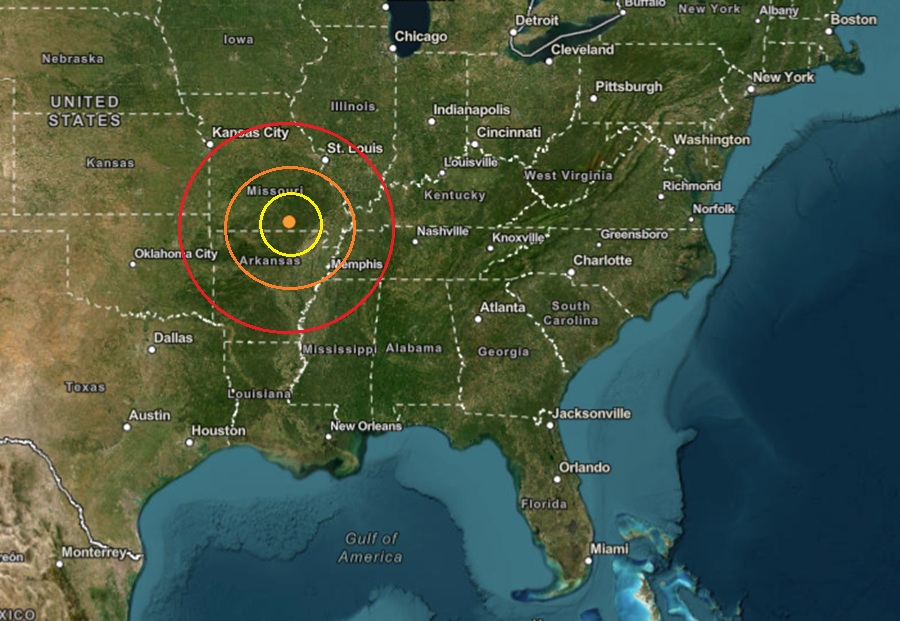 The earthquake struck at the orange dot inside the colored concentric circles on the map. Image: USGS