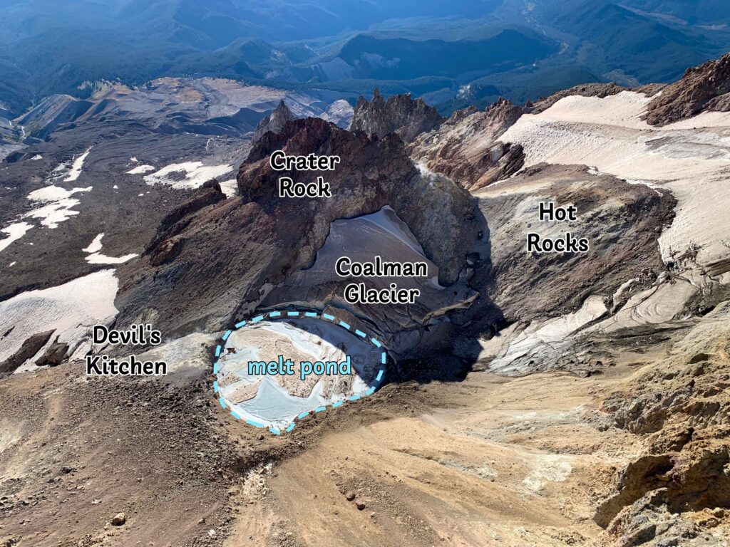 The melt pond of the Coalman Glacier is depicted here, using a recent helicopter observation flight flown on October 6.  Image: USGS