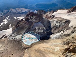 The melt pond of the Coalman Glacier is depicted here, using a recent helicopter observation flight flown on October 6. Image: USGS