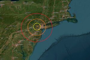 The epicenter of today's earthquake was at the orange dot inside the colored, concentric circles. Image: USGS