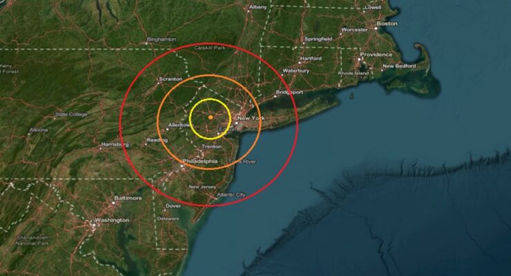 The epicenter of today's earthquake was at the orange dot inside the colored, concentric circles. Image: USGS