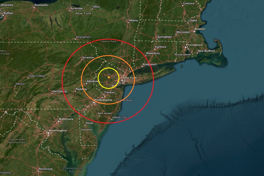 The epicenter of today's earthquake was at the orange dot inside the colored, concentric circles. Image: USGS