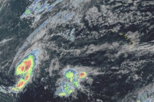Latest weather satellite view of Tropical Storm Olana from the GOES-West satellite. Image: NOAA