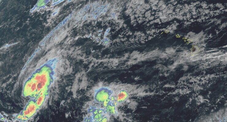 Latest weather satellite view of Tropical Storm Olana from the GOES-West satellite. Image: NOAA