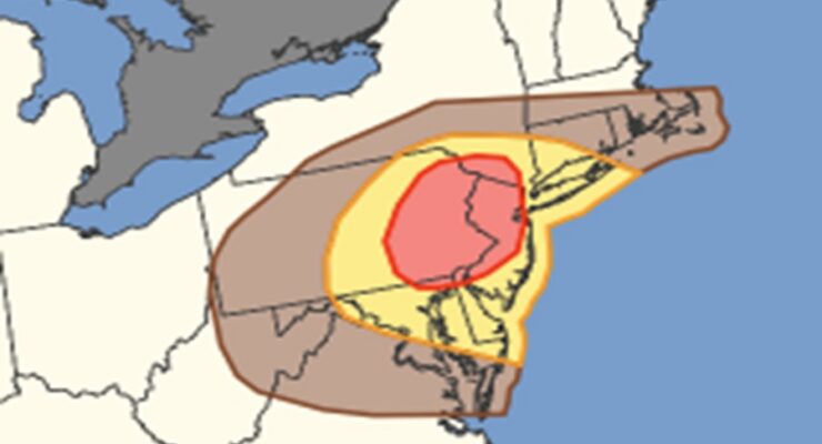The shaded area may enounter severe, damaging wind gusts on Friday, with the yellow and red areas at highest risk from the worse winds. Image: NWS SPC