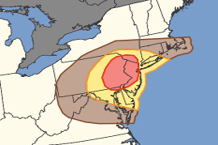 The shaded area may enounter severe, damaging wind gusts on Friday, with the yellow and red areas at highest risk from the worse winds. Image: NWS SPC
