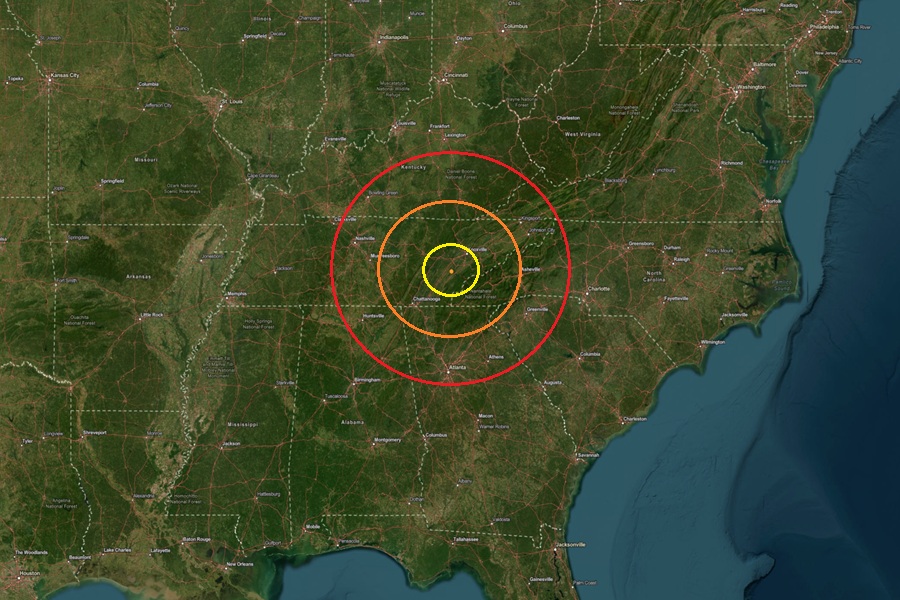 Today's earthquake struck at the orange dot inside the colored concentric circles on this map. Image: USGS