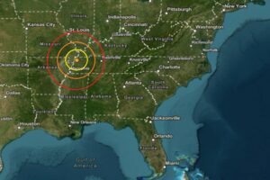 Today's earthquake struck at the orange dot inside the colored, concentric circles on the map. Image: USGS