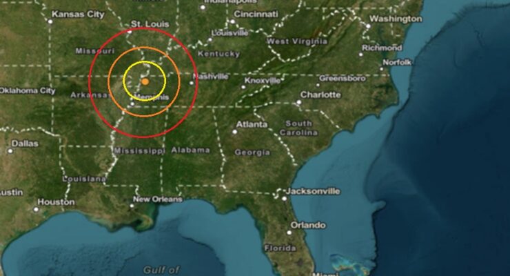 Today's earthquake struck at the orange dot inside the colored, concentric circles on the map. Image: USGS