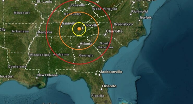 Today's earthquake struck at the orange dot inside the colored concentric circles on the map. Image: USGS