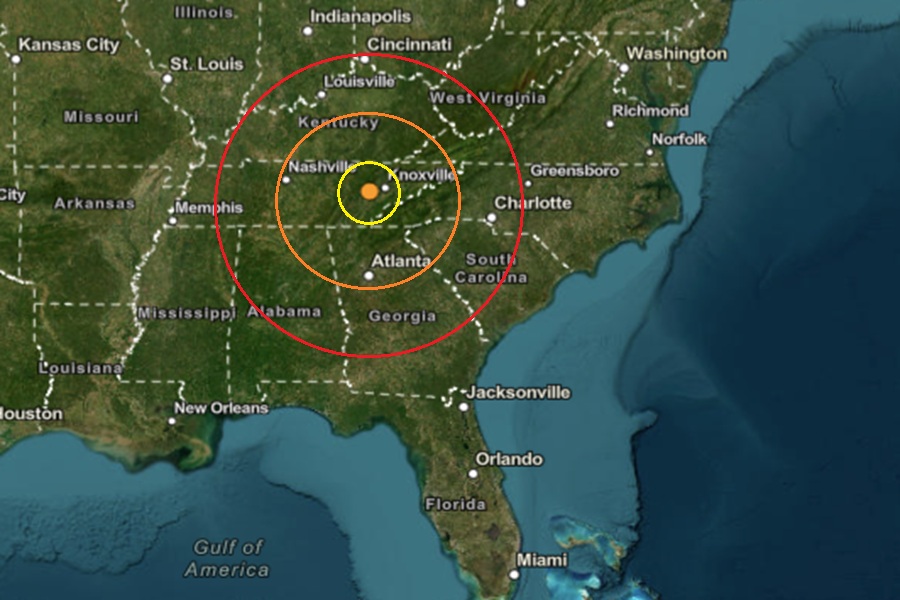Today's earthquake struck at the orange dot inside the colored concentric circles on the map. Image: USGS