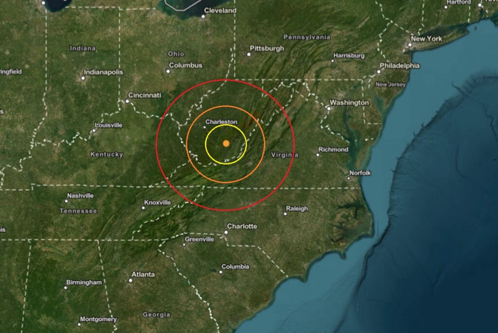 Today's earthquake struck at the orange dot inside the colored concentric circles on this map. Image: USGS