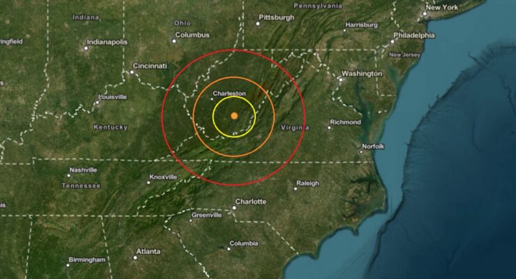Today's earthquake struck at the orange dot inside the colored concentric circles on this map. Image: USGS