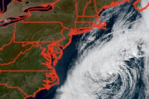 The latest view from the GOES-East weather satellite shows the swirling clouds of a coastal storm located off of the Mid Atlantic coast. Image: NOAA