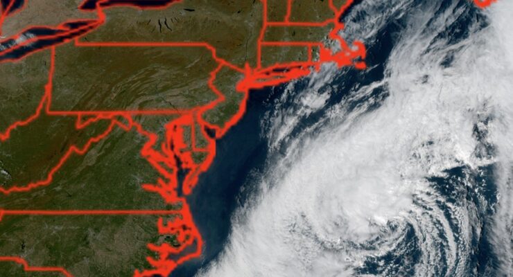The latest view from the GOES-East weather satellite shows the swirling clouds of a coastal storm located off of the Mid Atlantic coast. Image: NOAA