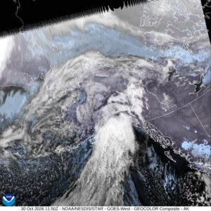 GOES-18 GeoColor satellite view of Alaska, downloaded Friday morning, Oct. 30. Image: NOAA/NESDIS/STAR