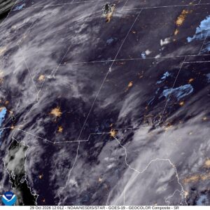 GOES-19 GeoColor satellite view of the Southwest before sunrise Oct. 29, 2026 (1201 UTC, or 5:01 a.m. MST), showing high clouds streaming over Arizona and New Mexico ahead of Friday's storms. City lights mark Phoenix and other Southwest cities. Image: NOAA/NESDIS/STAR.