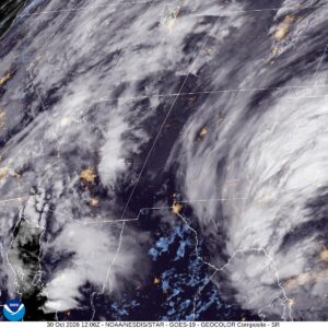 GOES-19 GeoColor satellite view of the southern Rockies, downloaded Friday morning, Oct. 30. Image: NOAA/NESDIS/STAR