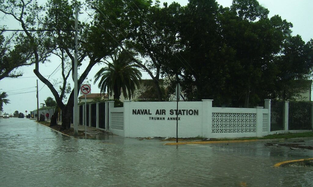 Archival photo: The United Street entrance to the Naval Air Station Key West Truman Annex floods as Hurricane Ike passes within 128 nautical miles of the air station, Sept. 9, 2008. Image: U.S. Navy photo by Cmdr. Michael Kutyba