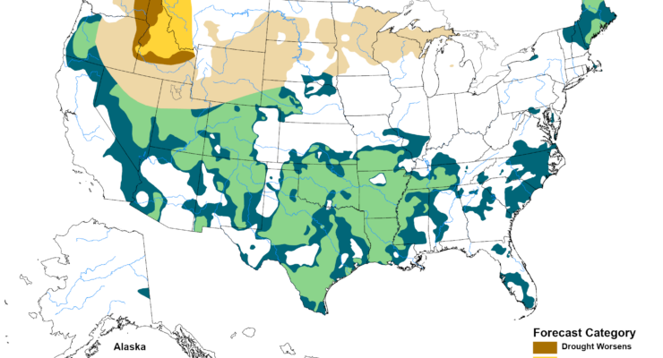 The U.S. Drought Outlook map for October 15, 2026, through January 2027, predicts drought conditions to improve or end by the end of January for the Southwest, Southern Great Plains, Southeast and East Coast. Drought conditions are favored to develop or worsen across parts of the northern Rockies. Image: NOAA