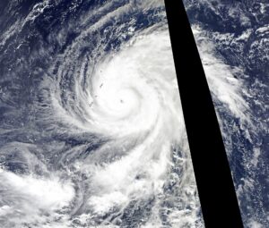 Super Typhoon Yutu near the Mariana Islands on Oct. 24, 2018, the day before it devastated Tinian and Saipan. Archival image. Image: NASA Earth Observatory by Joshua Stevens, using MODIS data from NASA EOSDIS/LANCE and GIBS/Worldview