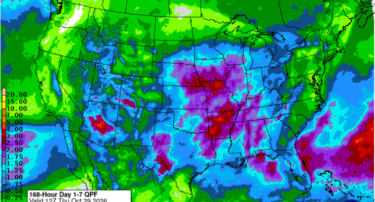 Weather Prediction Center seven-day precipitation forecast issued Oct. 29, 2026, valid through Nov. 5, showing heavier totals over central Arizona. Image: NOAA/NWS Weather Prediction Center