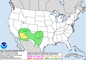 Weather Prediction Center Day 2 Excessive Rainfall Outlook valid 5 a.m. MST Friday, Oct. 30, through 5 a.m. MST Saturday, Oct. 31, 2026, showing a slight risk (level 2 of 4) over central and southern Arizona. Image: NOAA/NWS Weather Prediction Center